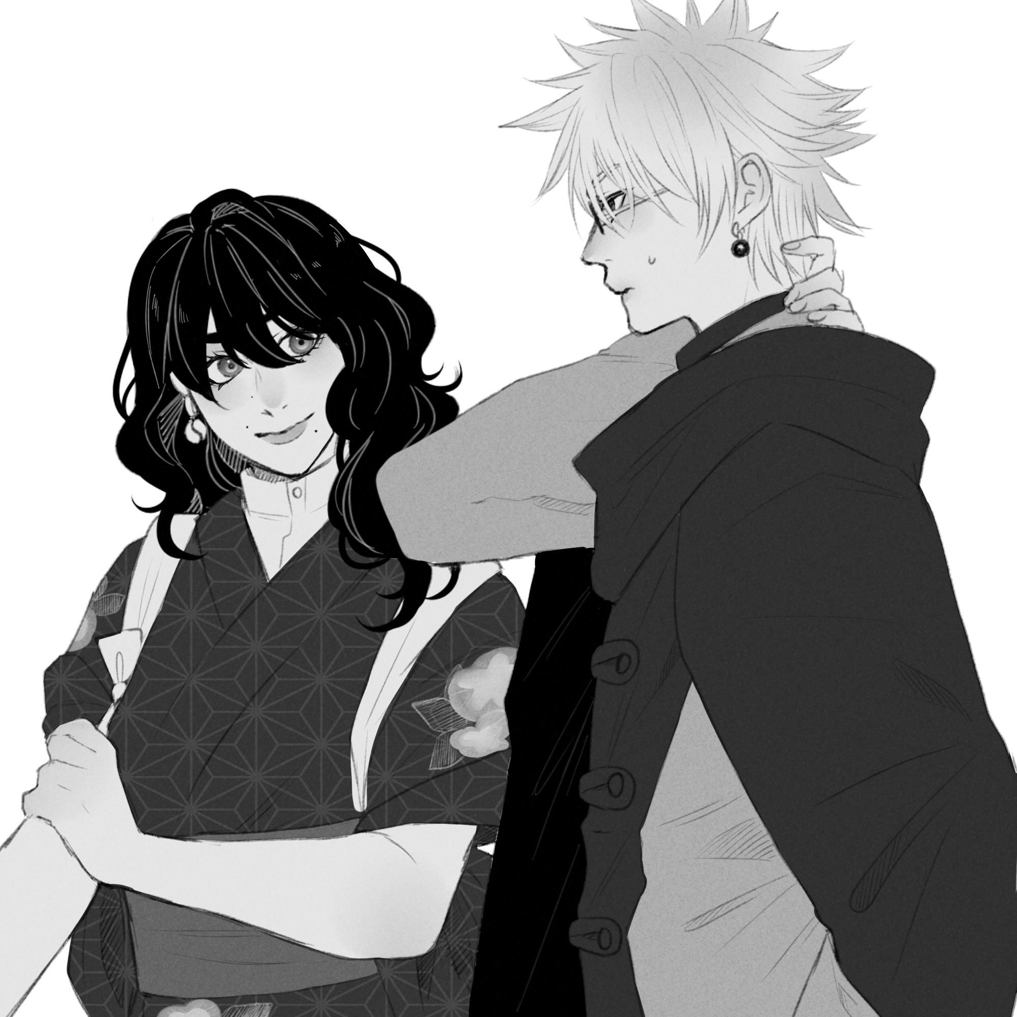 artwork of Yukie and Enishi. Yukie is standing next to Enishi, fixing their sleeves, while Enishi looks ahead with a slight blush